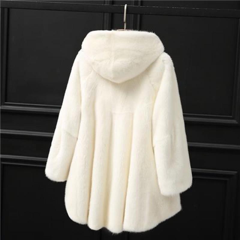 Womens Faux Fur Coat Mid-Length Hooded Oversized Winter Jacket In White Black Beige
