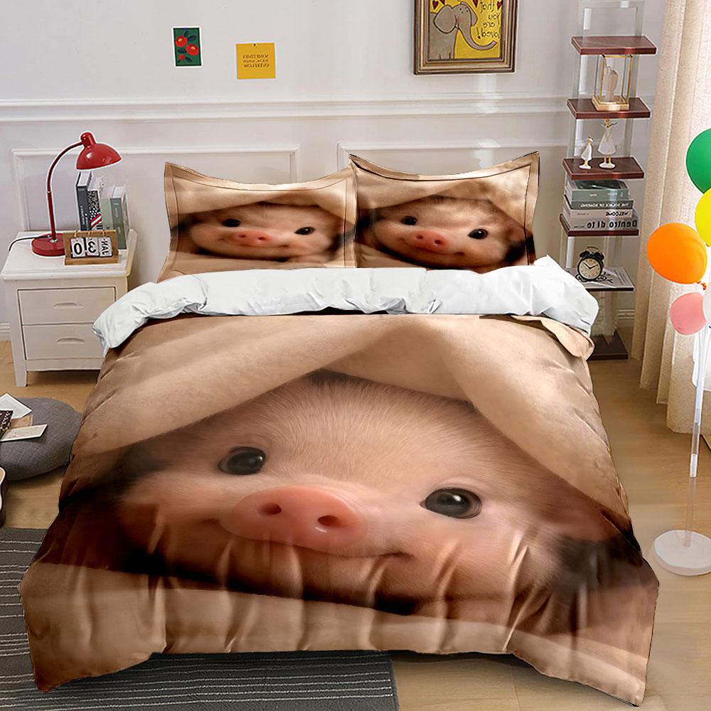 Grosstor Unisex Cute Little Pig In The Plush Blanket Printed Duvet Cover Set1 Duvet Cover+2 Pillowcasemulti Size Bedroom Bedding Decor