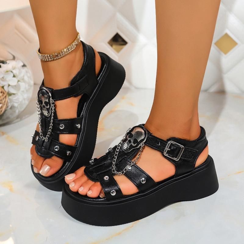 Fashion Platform Sandals Women's Round Toe Open Toe Metal Chain Comfort Heightened Soft Sole Waterproof Kitten Heel Shoes