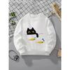 Girls' Crewneck Sweatshirt - Black Cat Yellow Fish Red Background Machine Washable, Spring And Autumn, Sportswear And Casual Wear