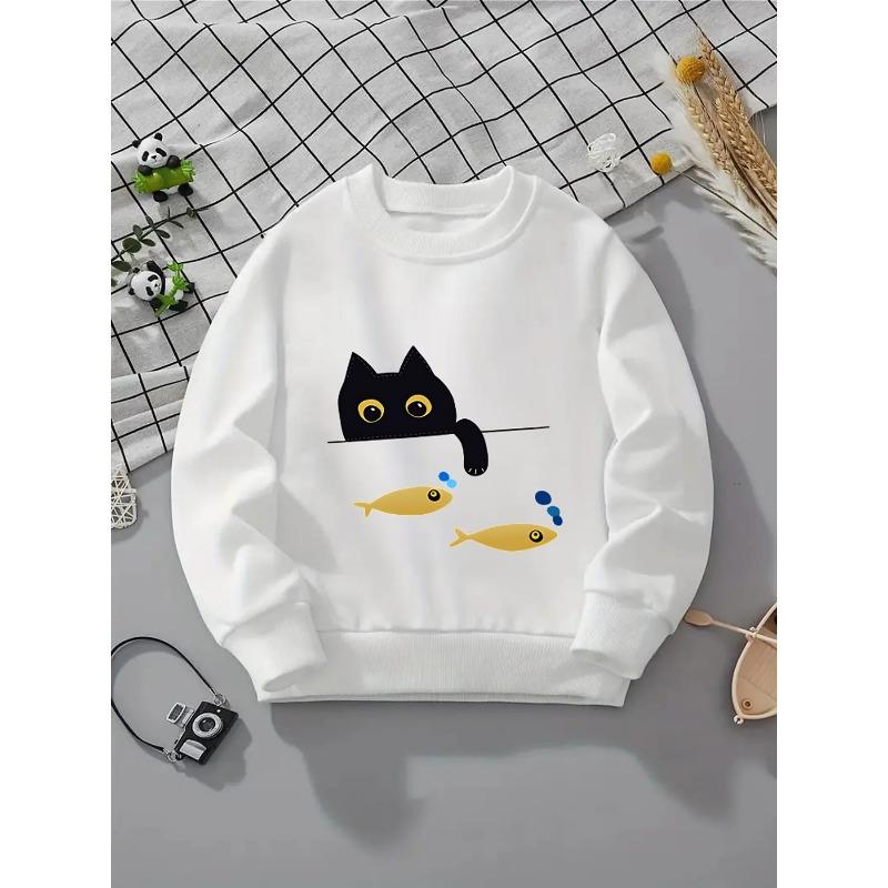 Girls' Crewneck Sweatshirt - Black Cat Yellow Fish Red Background Machine Washable, Spring And Autumn, Sportswear And Casual Wear