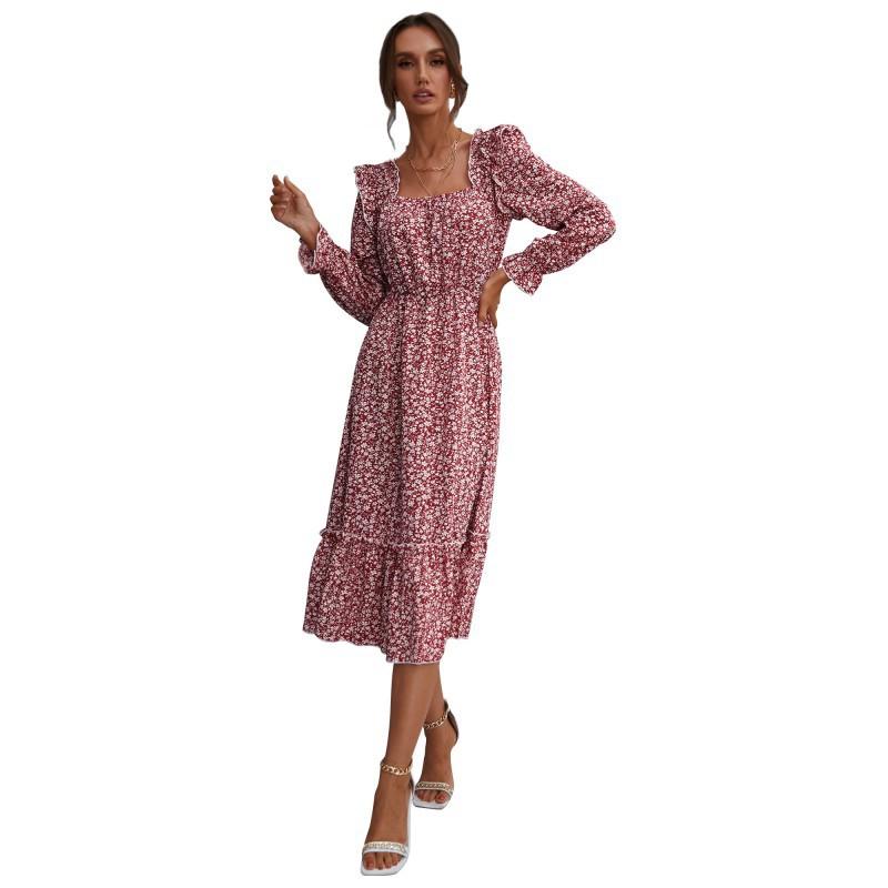 Temperament and Elegance Outer Wear Fashion Spring Women's Long Sleeve Floral Square Neck Dresses