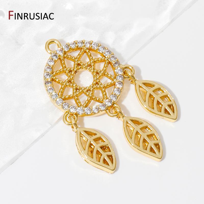 18K Gold Plated Brass Hollow Out Charms Pendants,Inlaid Zircon Leaf Pendant For DIY Neckalce Earrings Making Findings