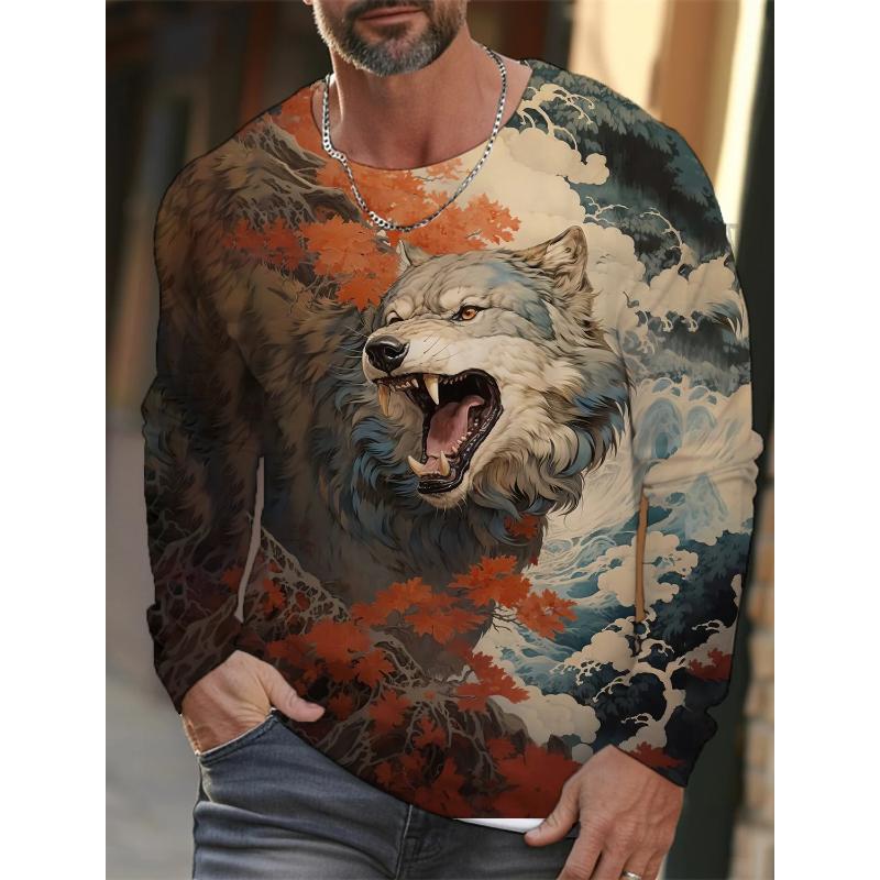 Fashion Men's Crew Neck Long Sleeve 3D Color Printing Summer Casual Long Sleeve Crew Neck T-Shirt
