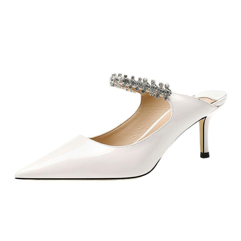 JC Fairy Rhinestone Patent Leather Stiletto Mules: Summer Pointed Toe, Closed Temperament Half-Slippers