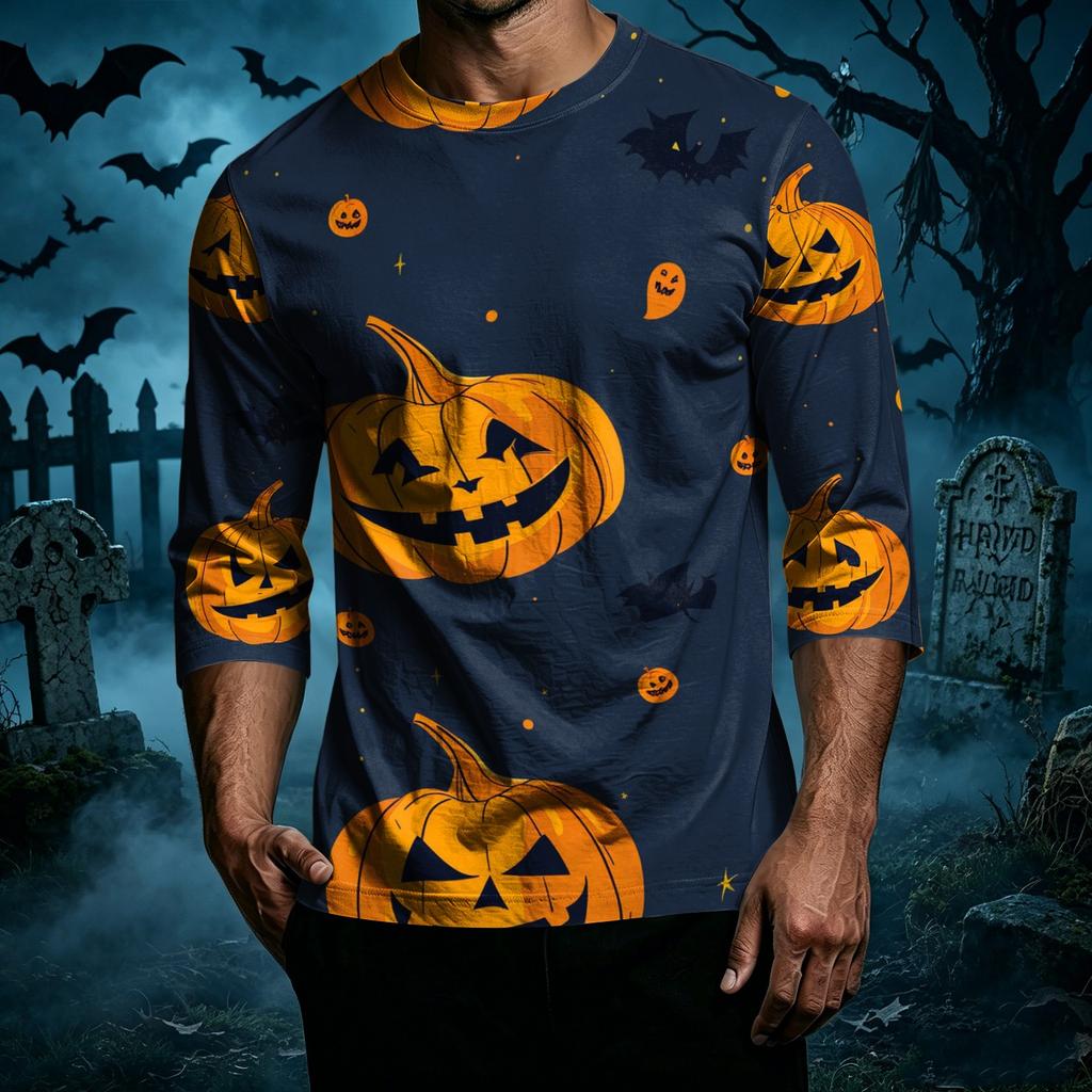 Men's Casual Halloween Print Crew Neck T-Shirt Three Quarter Sleeve Relaxed Fit Lightweight Cotton Blend Top for Everyday Wear