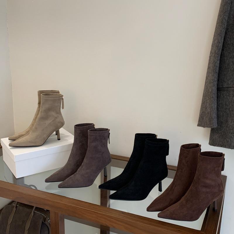 Shaved single boots pointed toe stiletto Martin boots sexy versatile stable rear zipper thin boots temperament commute