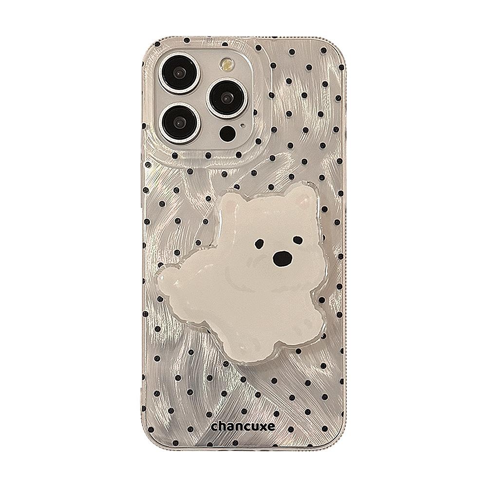 Cute Polka Dot Puppy Stand Mobile Phone Case Suitable for 14 Apple 15 Promax Korean Iphone16 Anti Fall 12 Feather Yarn