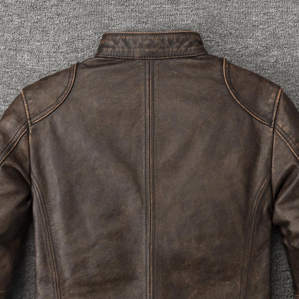 Vintage Yellow Brown Genuine Cow Men Leather Jacket Soft Slim Fit Short Slim Real Cowhide Bomber Coat Spring Autumn