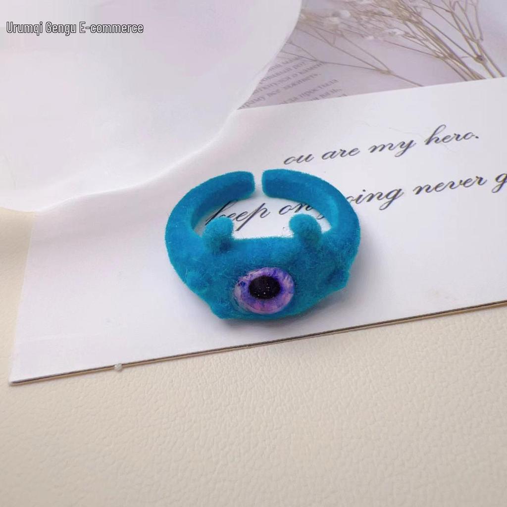 "Charming Monster Cat Ring: Cute, Flocked, Open Adjustable with Big Eyes for Versatile Style"