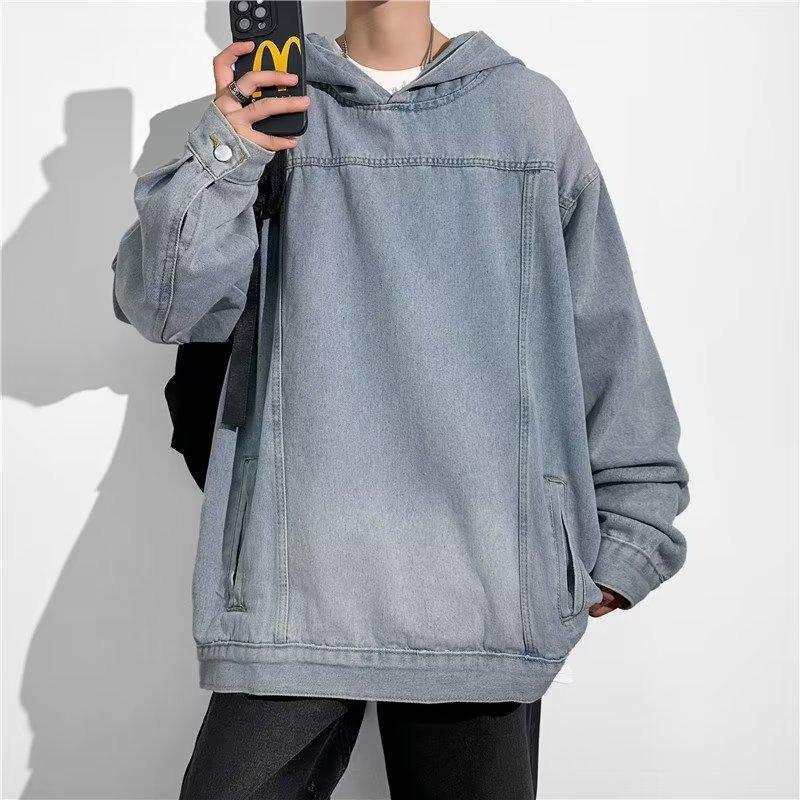

Унисекс Ретро Американская стираная джинсовая куртка с капюшоном: Модная уличная одежда свободного кроя M