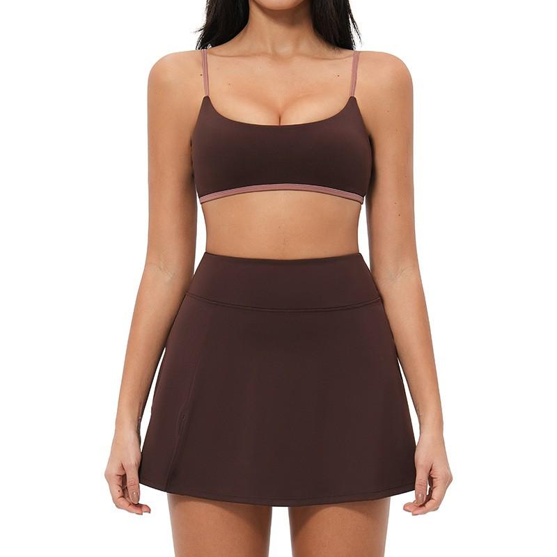Womens Moisture-Wicking Tennis Skirt Set With Built-in Bra Sleeveless Sporty Two-Piece Outfit Running Gym Cycling