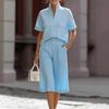 White Short Sleeve V Neck Pocket Top and Wide Leg Mid-Cropped Pants Two Piece Set