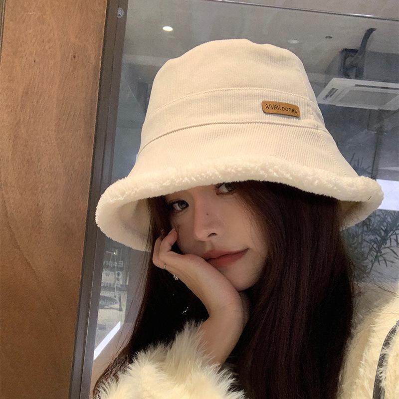 Plush bucket hat winter plush thickened warm hat women's big head circumference thin white fashion versatile bucket hat
