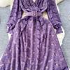 Robe de soirée de noël en dentelle violette pour femmes, col en v, Vintage, manches longues, mi-mollet, avec ceinture, nouvelle collection