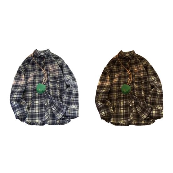 Frühlings- und Herbsthemd für Herren, Umlegekragen, karierter Druck, lockerer Button-Down-Stil, Retro-Stil, langärmeliges Streetwear-Oberteil im amerikanischen Stil für Reisen und den täglichen Gebrauch