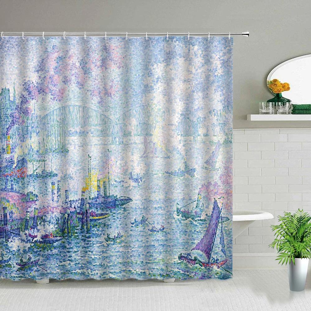 Flower And Dragonfly Scenery Shower Curtains Peacocks Sailboat Sunflower Ocean Oil Painting Landscape Waterproof Cloth Curtain