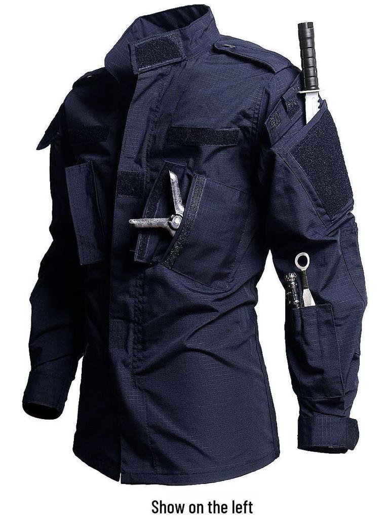 Męski ciemnoniebieski taktyczny garnitur treningowy outdoor: Odporna na ścieranie bojowa kurtka softshellowa