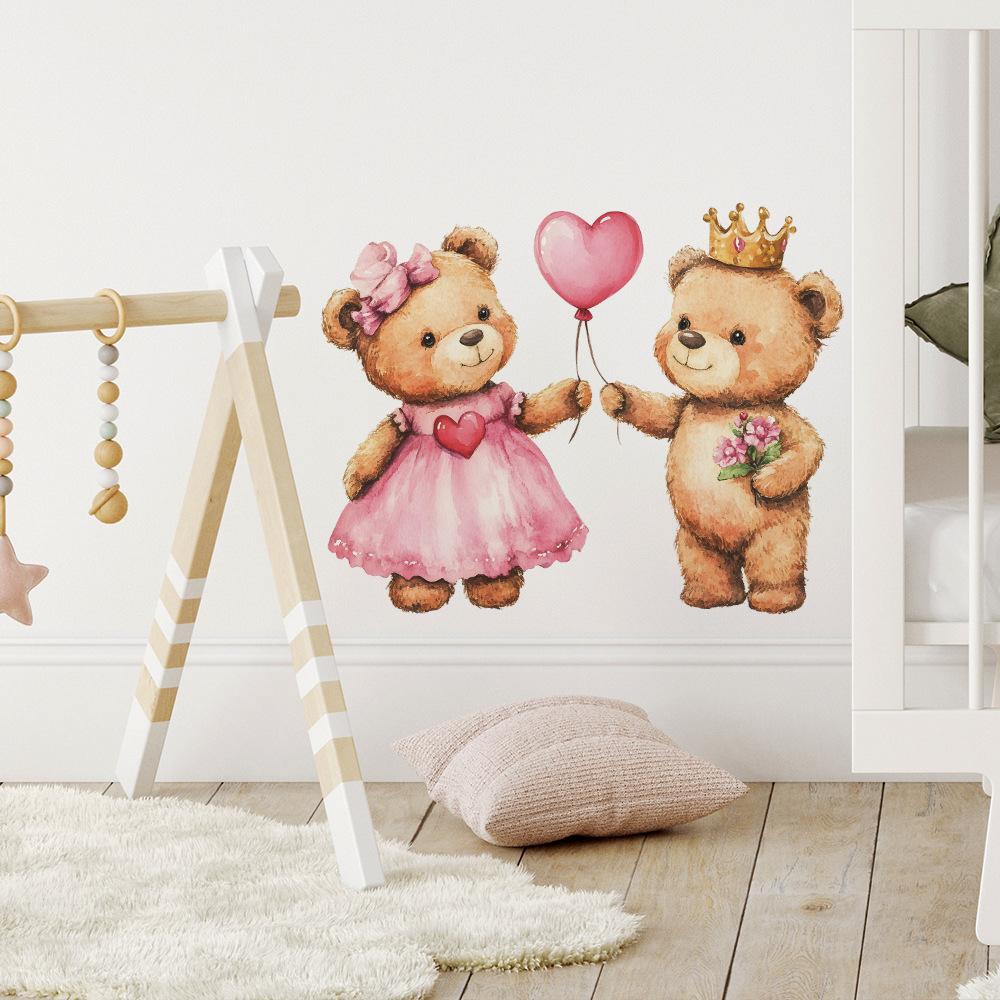 Couple Bears Love Balloons Wall Sticker for Bedroom Living Room Shop Background Removable Self-Adhesive Decoration
