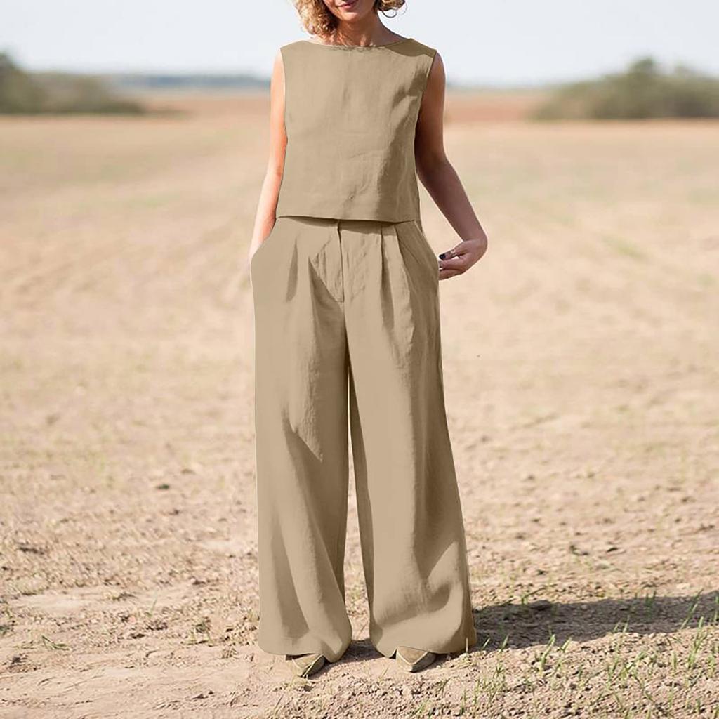 Women's 2-Piece Cotton Linen Solid Color Sleeveless High Waist Wide Leg Shorts With Pockets Set
