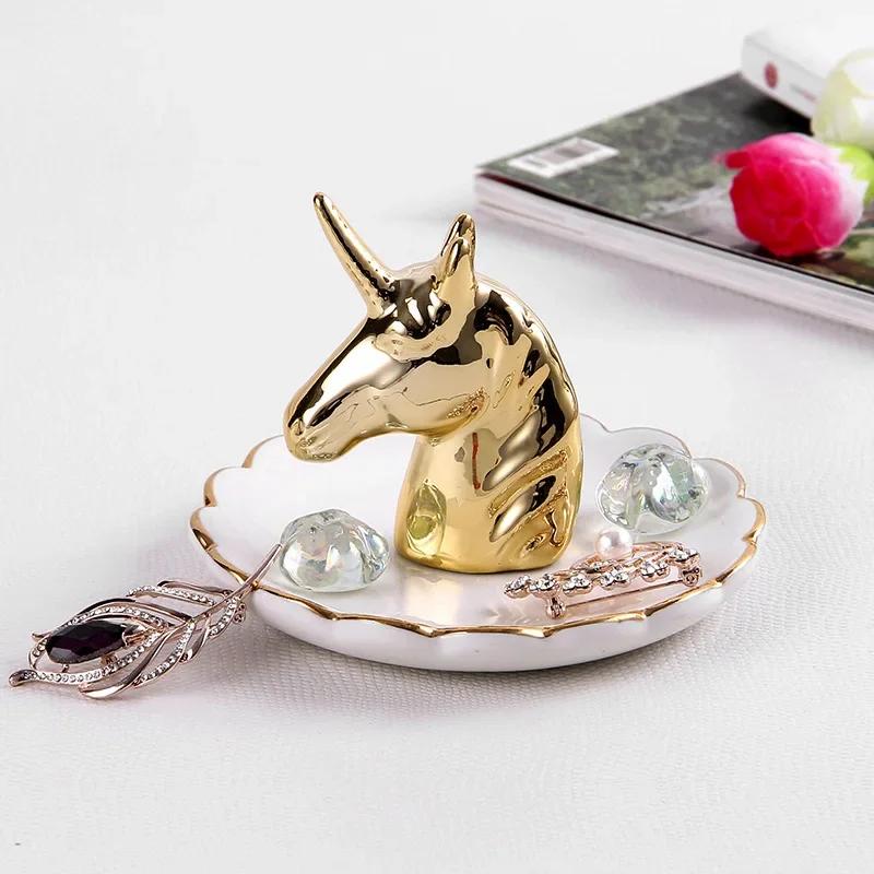 European Style Dressing Table Golden Animal Horse Rabbit Ceramic Jewelry Storage Tray Jewelry Storage Box