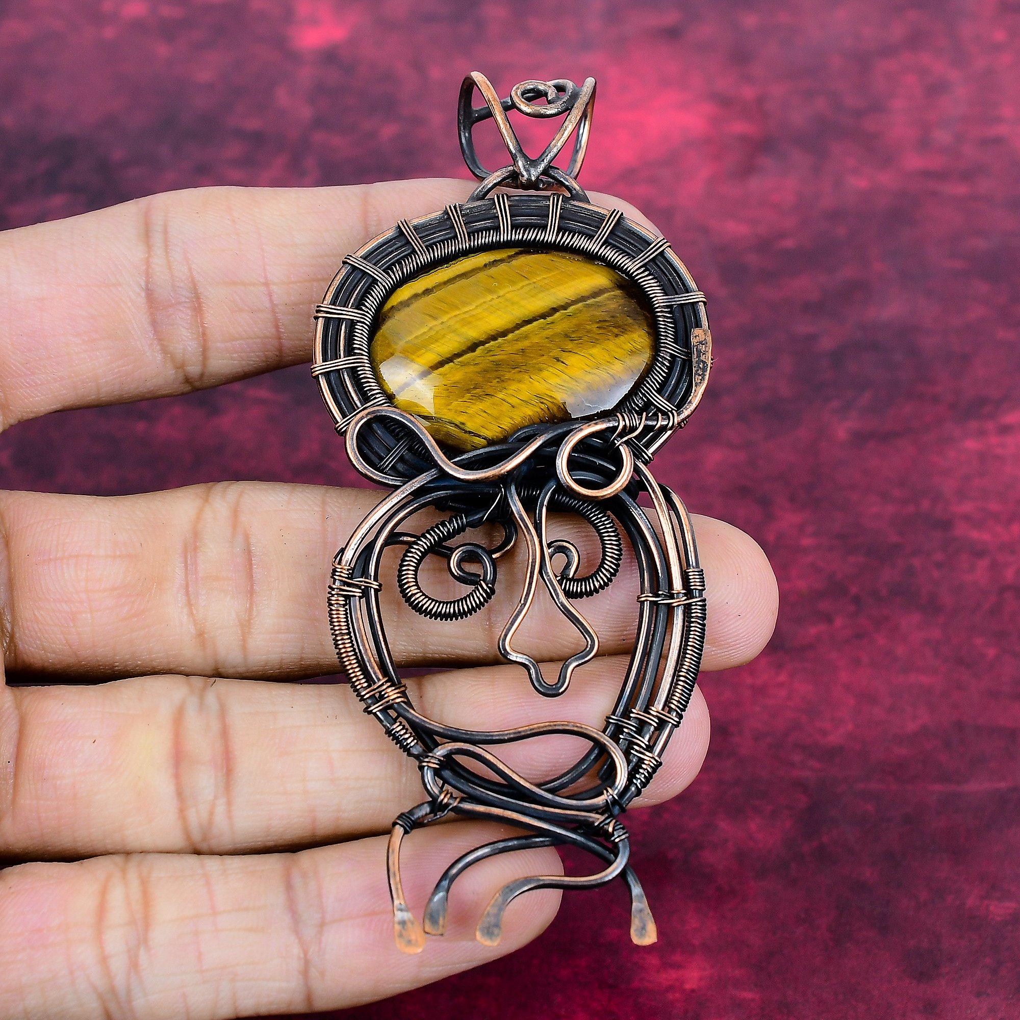 Tiger s Eye Pendant Handmade Copper Wire Wrapped Jewelry Gemstone Dainty Pendant