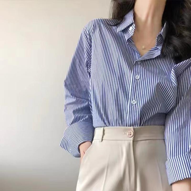 Classic Striped Woman Spring Autumn Blouses Shirt Lady Long Lantern Sleeve Stand Collar Loose Blusas Tops