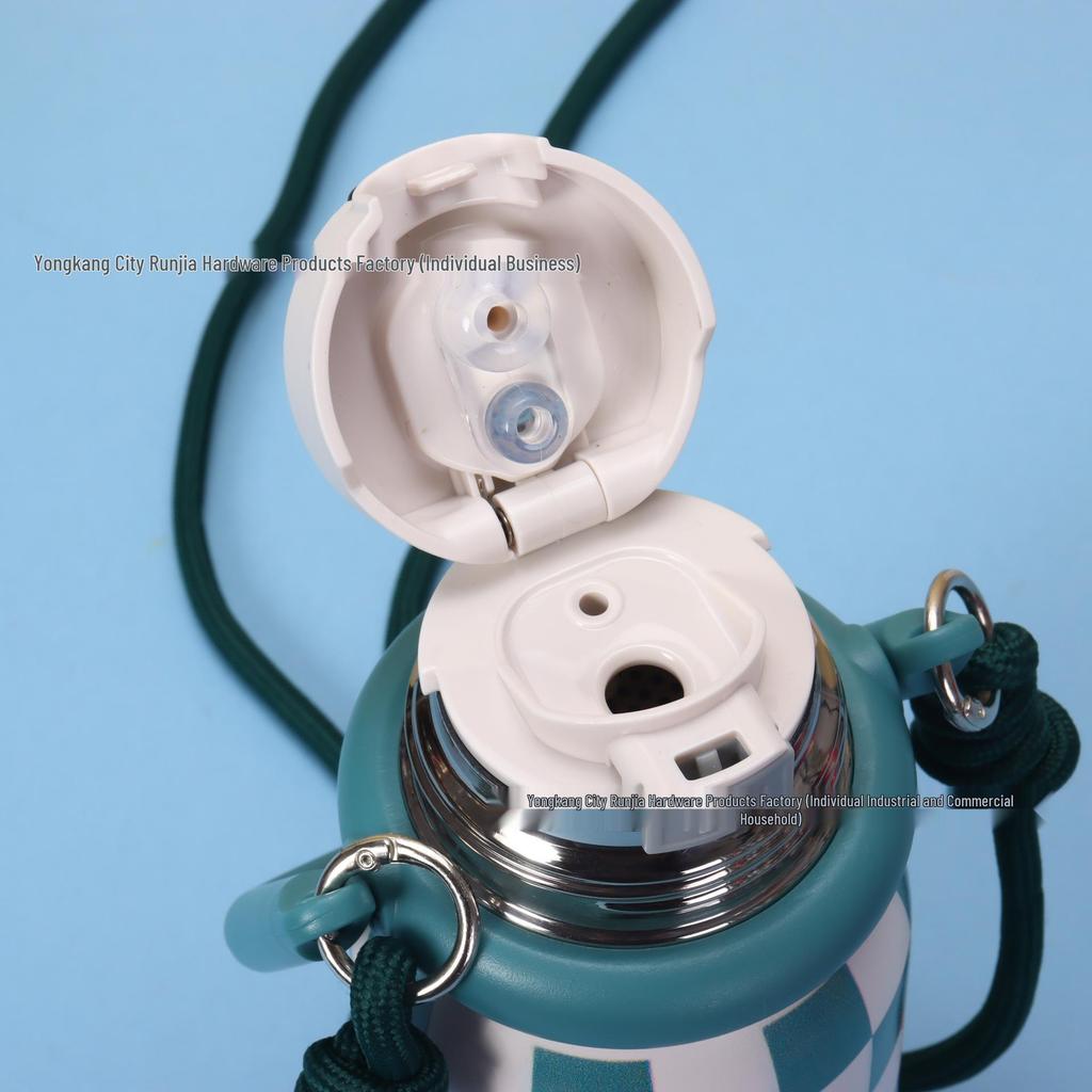 Retro Plaid Stainless Steel Thermos Flask with Portable Rope - Insulated Sip Cup for Students