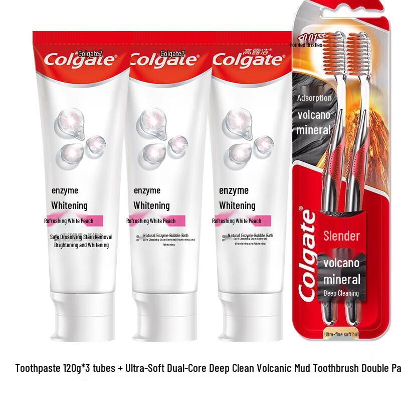 Colgate Whitening Toothpaste Peach Mint 3x120g with Volcanic Mud Toothbrush Twin Pack
