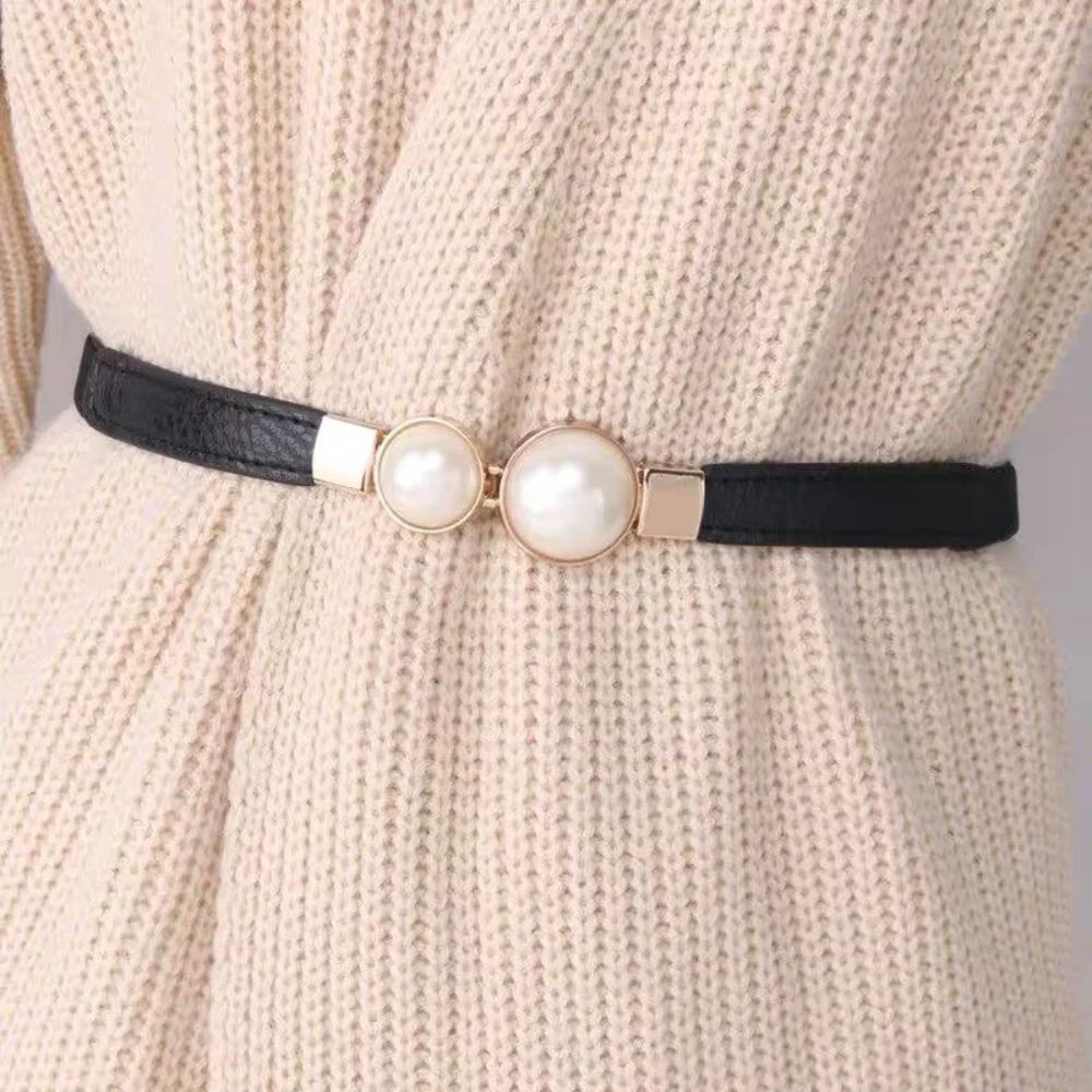 1PC Elegant Double Pearls Buckle Elastic Women Belts Thin Straps Lady Girl Dress Skirt Decor Waistbands Trouser Decoration