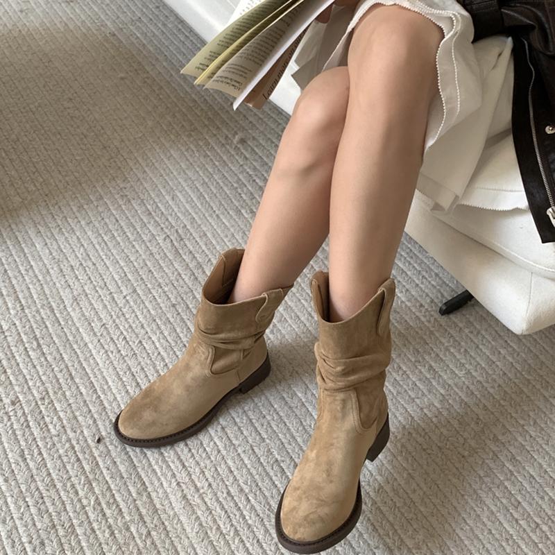 Autumn Winter Women Western Ankle Boots Fashion Slip On Thick Heel Shoes Ladies Elegant Pleated Short Booties