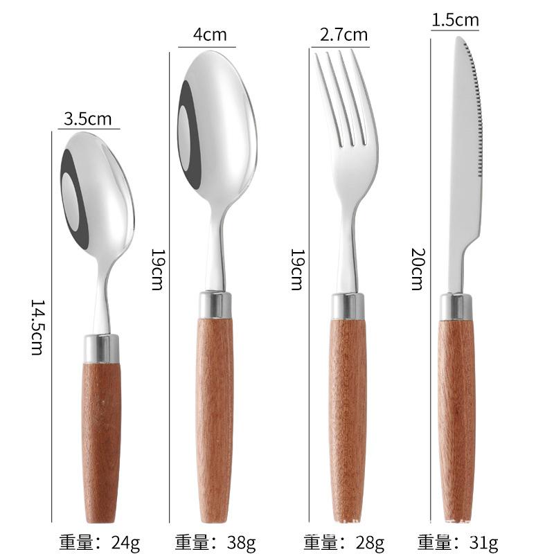 

Набор столовых приборов из 4 предметов с деревянными ручками, нож из нержавеющей стали, вилка, ложка, чайная ложка, набор столовых приборов, кухонная утварь