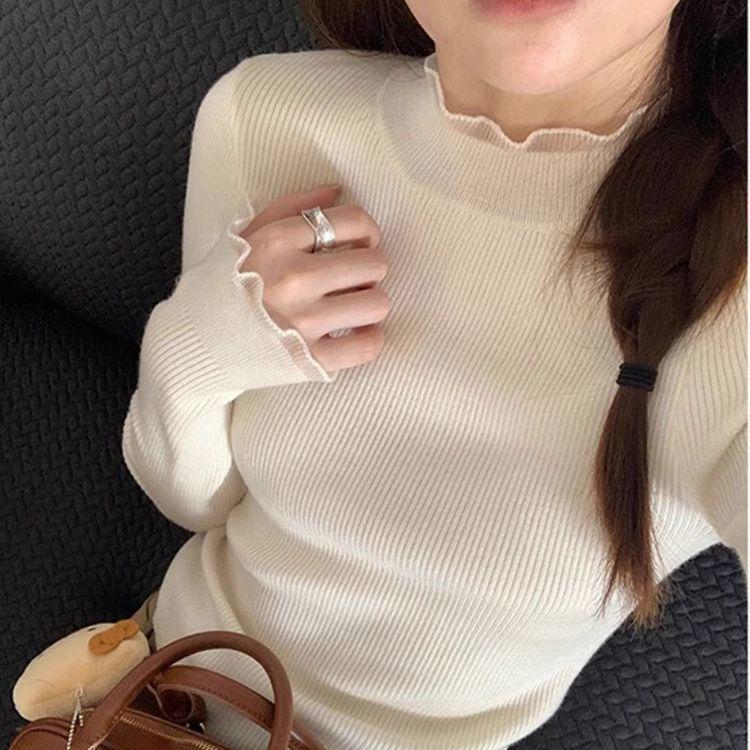 

Женский белый свитер с высоким воротом и оборками - Осенне-зимний базовый слой с длинным рукавом One Size