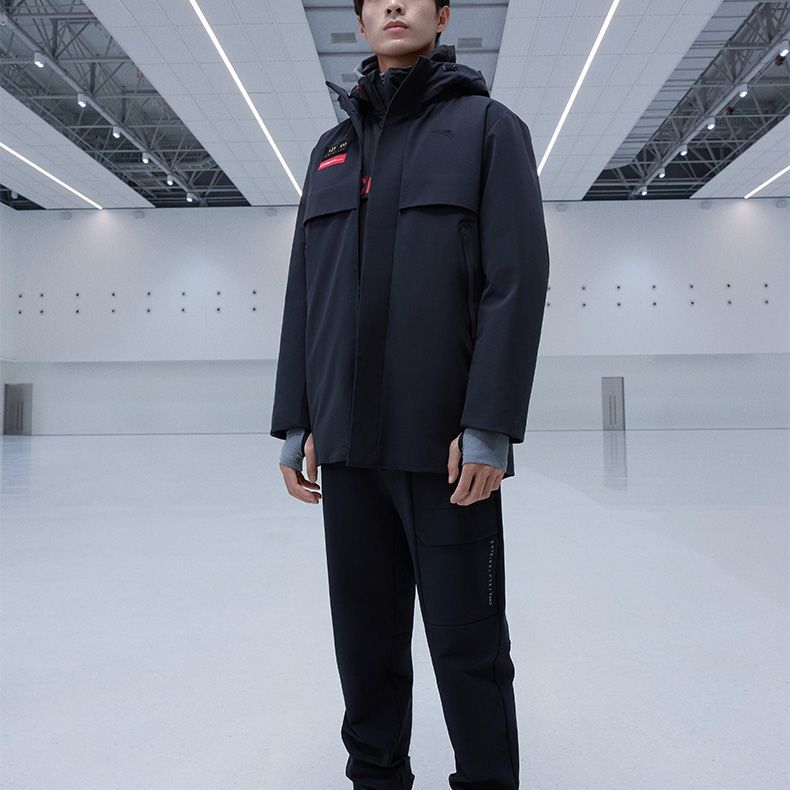 Anta Solid Color Hooded Zip-Up Logo Stand Collar Down Jacket Men Outerwear Black 152247946-2