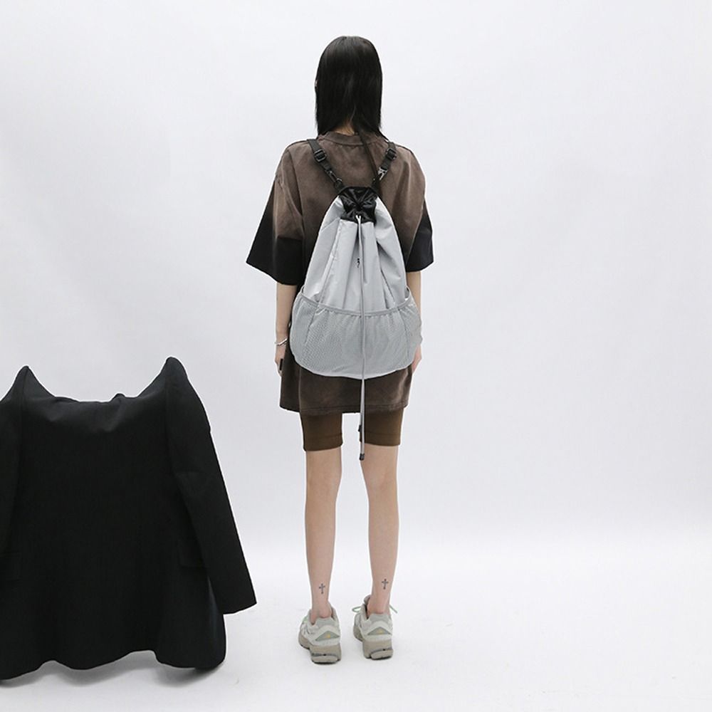 Lightweight Drawstring Mesh Backpack Large Capacity Solid Color Knapsack Pleated   Hiking