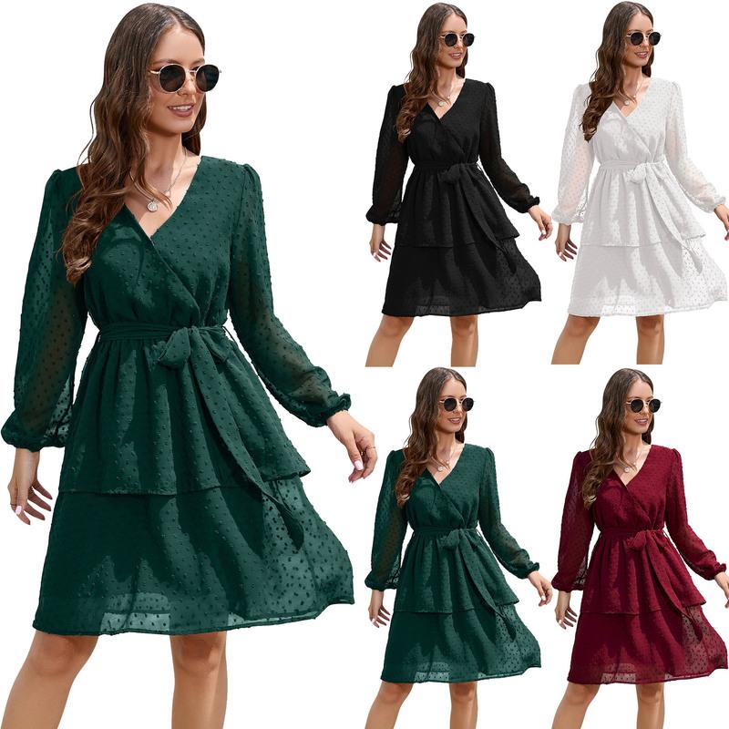 

Жіноча літня сукня 2024 р. Шифонова сукня з V-подібним вирізом Жіноча коктейльна сукня з довгими рукавами для жінок Жакардова мереживна сукня в горошок S кларет