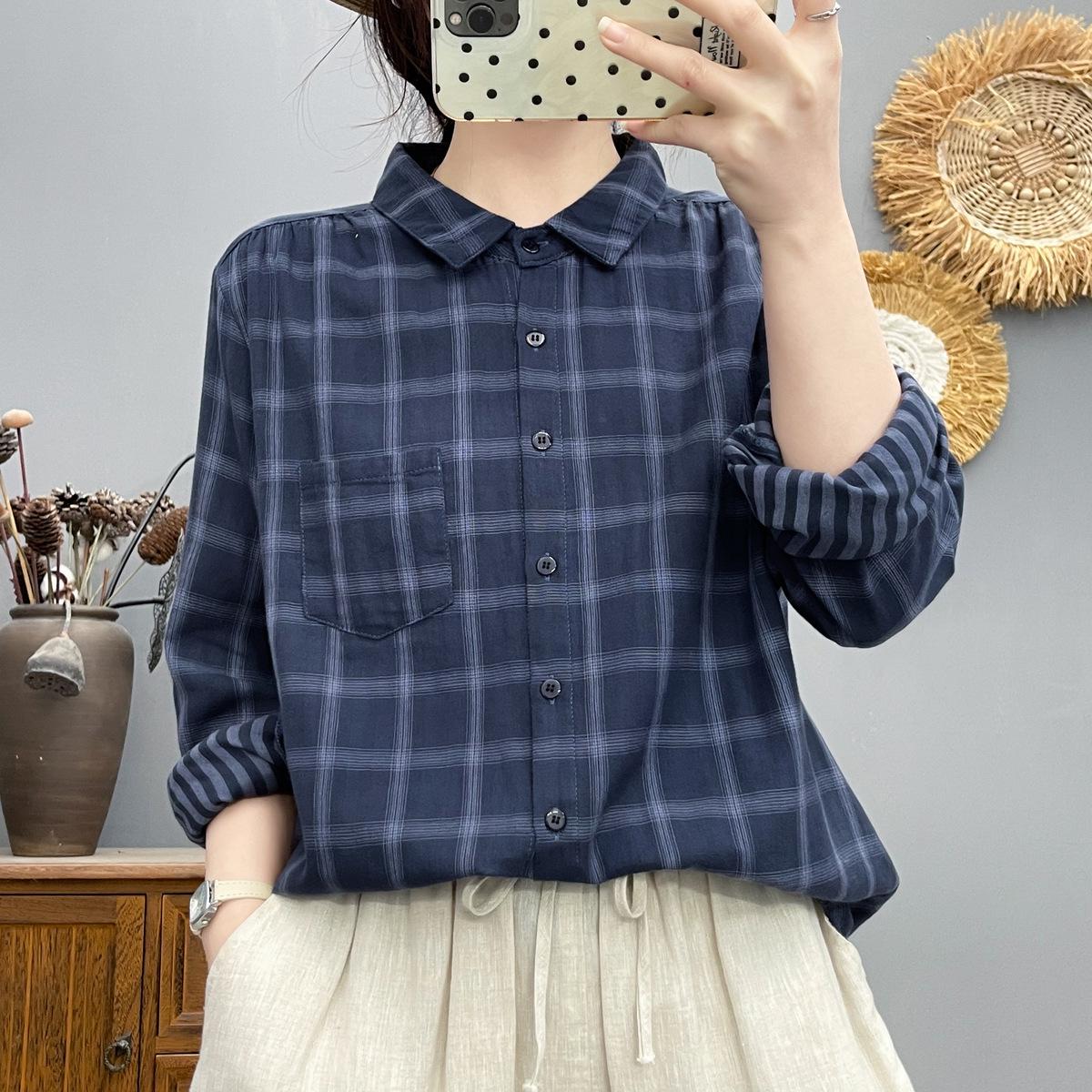 Женская весенняя 2026 года художественная клетчатая двухслойная хлопковая марлевая зауженная рубашка Large темно-синий