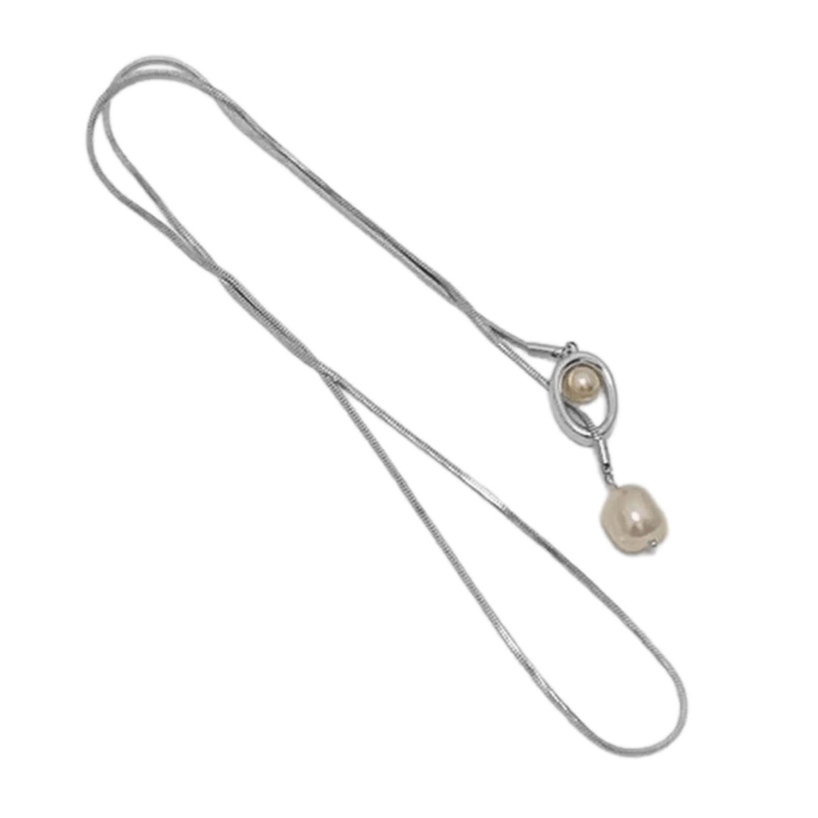 

Elegant Pull Out Baroque Pearls Pendant Necklace with Geometric Designs Portable for Women s Fashionable Sweater Chain серебряный