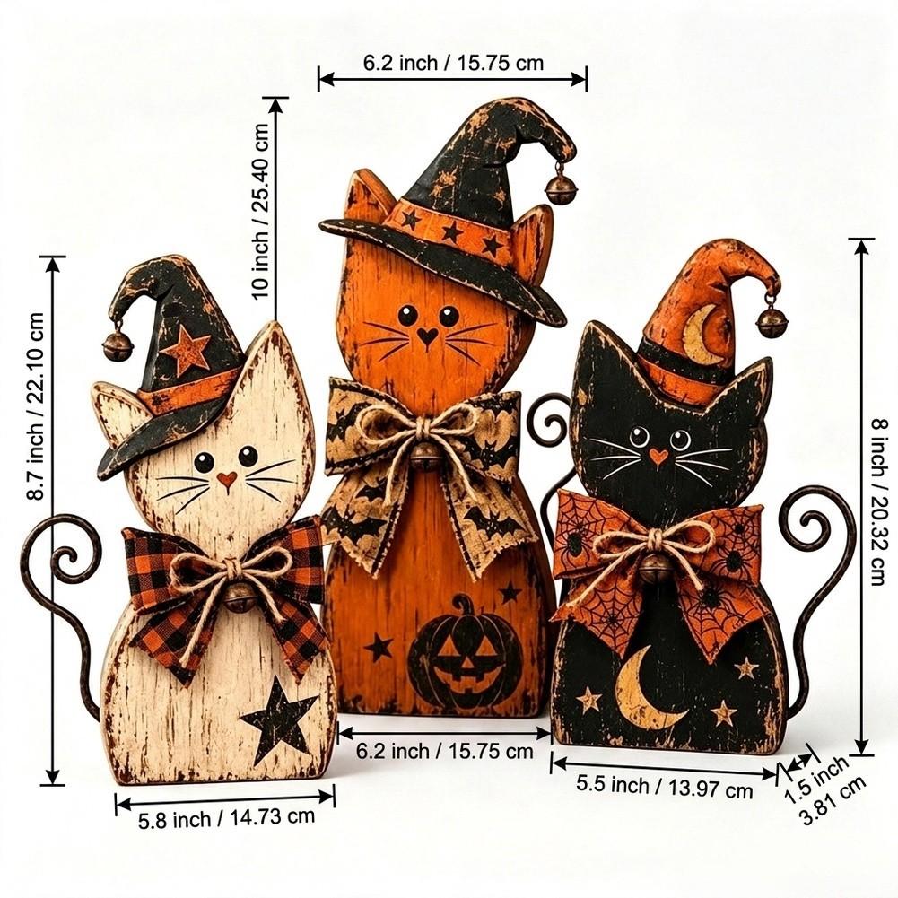 Rustic Gothic Halloween Decor Set with Witch Cat and Moon Figurines for Autumn Tabletop Mantel Display Wooden Craft