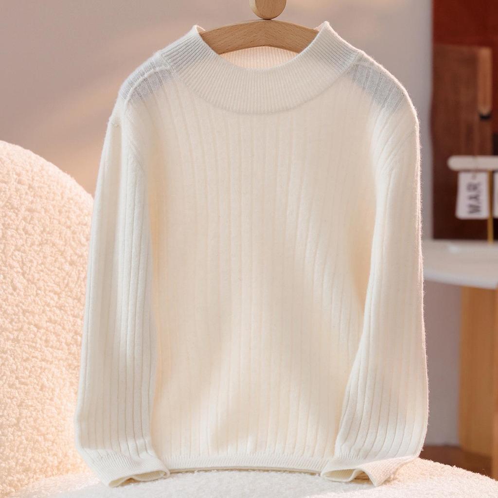 2025 A/W Kids' Ribbed Semi-High Neck Sweater - Warm Knitted Base for Boys & Girls
