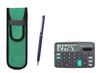 Green Fabric Pencil Case with Mini Calculator and Blue Slim Rotating Ballpoint Pen Set (T23-D-NK02G-PD04-L)
