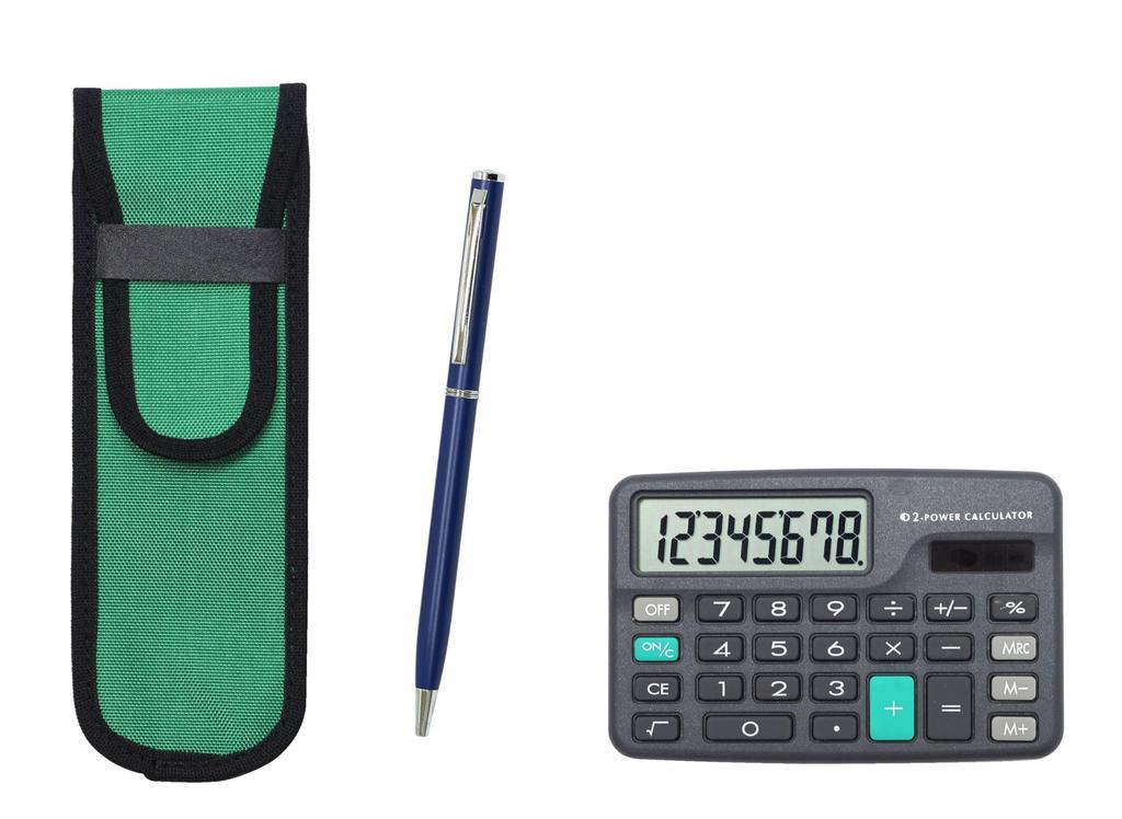Green fabric pencil case with mini calculator and blue slim rotating ballpoint pen set (T23-D-NK02G-PD04-L)