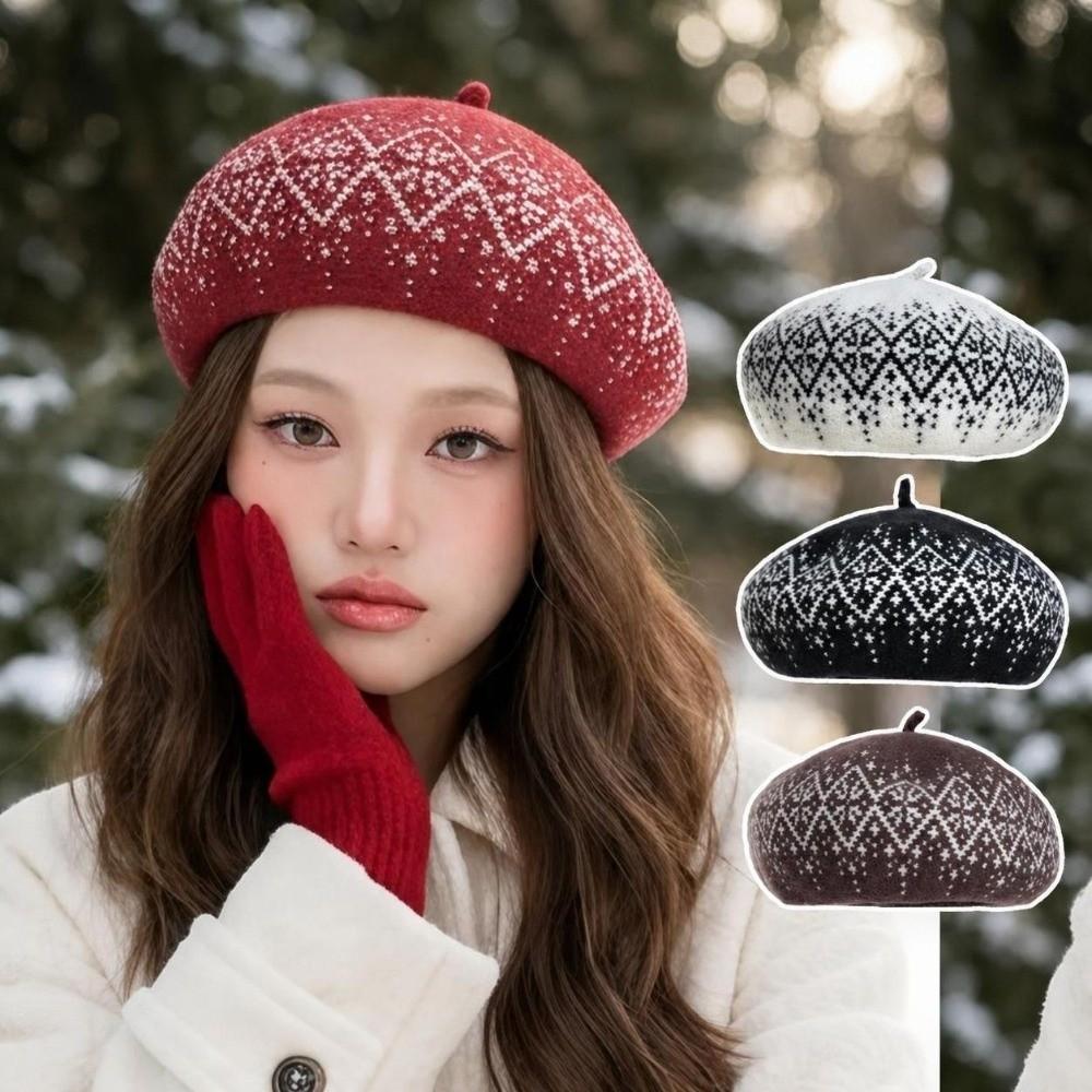 Keep Warm Beret Hat Retro Pattern Kintted Hat Retro Fashion Hat Autumn