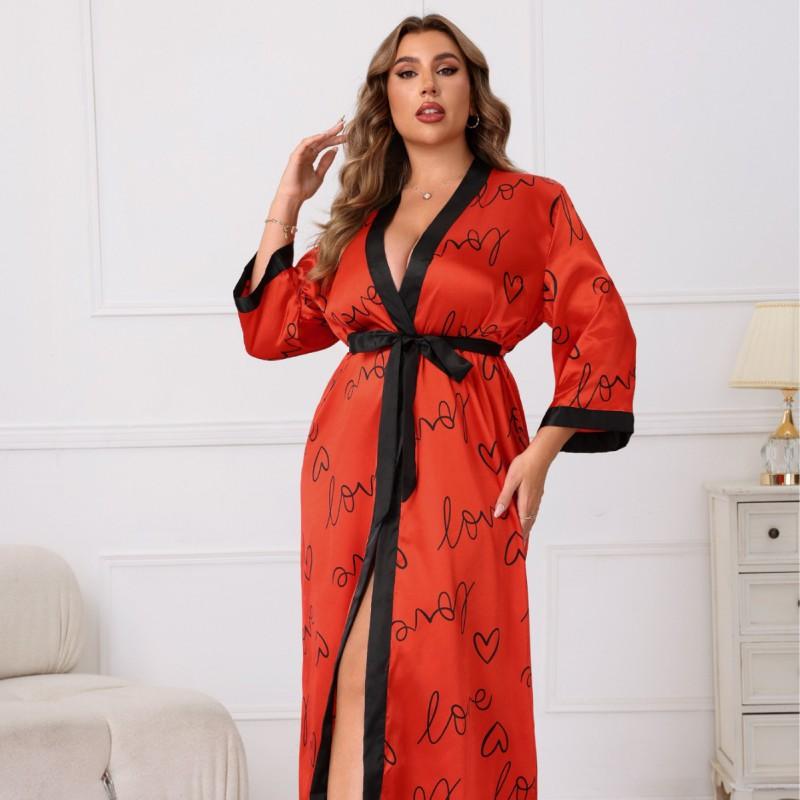 Plus Size Womens Satin Robe With Heart Love Print V-Neck Comfortable Lounge Wear Home Or Light Outings
