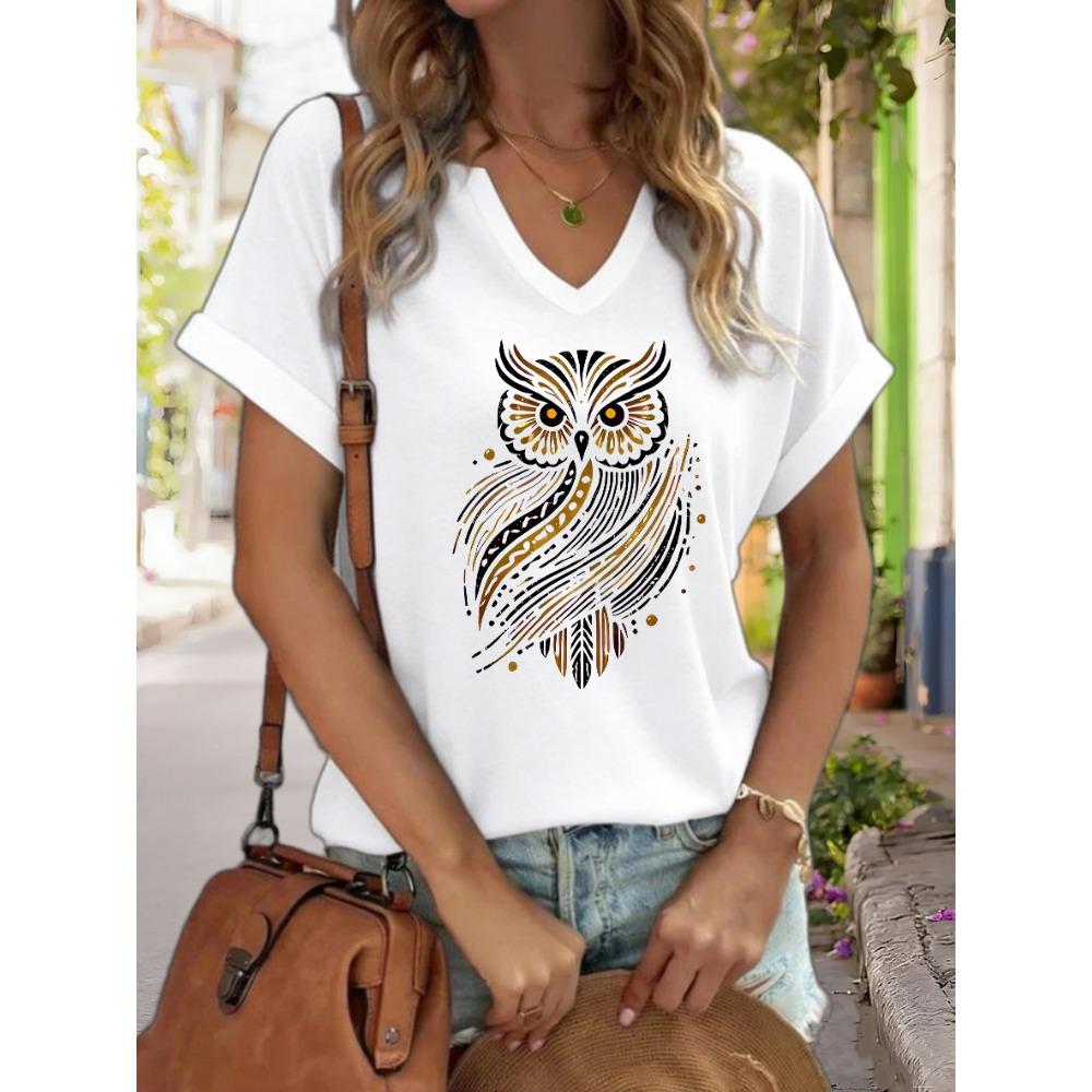 

Women s V-Neck Golden Tribal Owl Graphic Tee, Boho Animal Print, Casual Short Sleeve Bohemian Top S