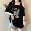 Large size fat mm American retro off-shoulder short-sleeved t-shirt women's design sense summer new loose and thin meat-covering top