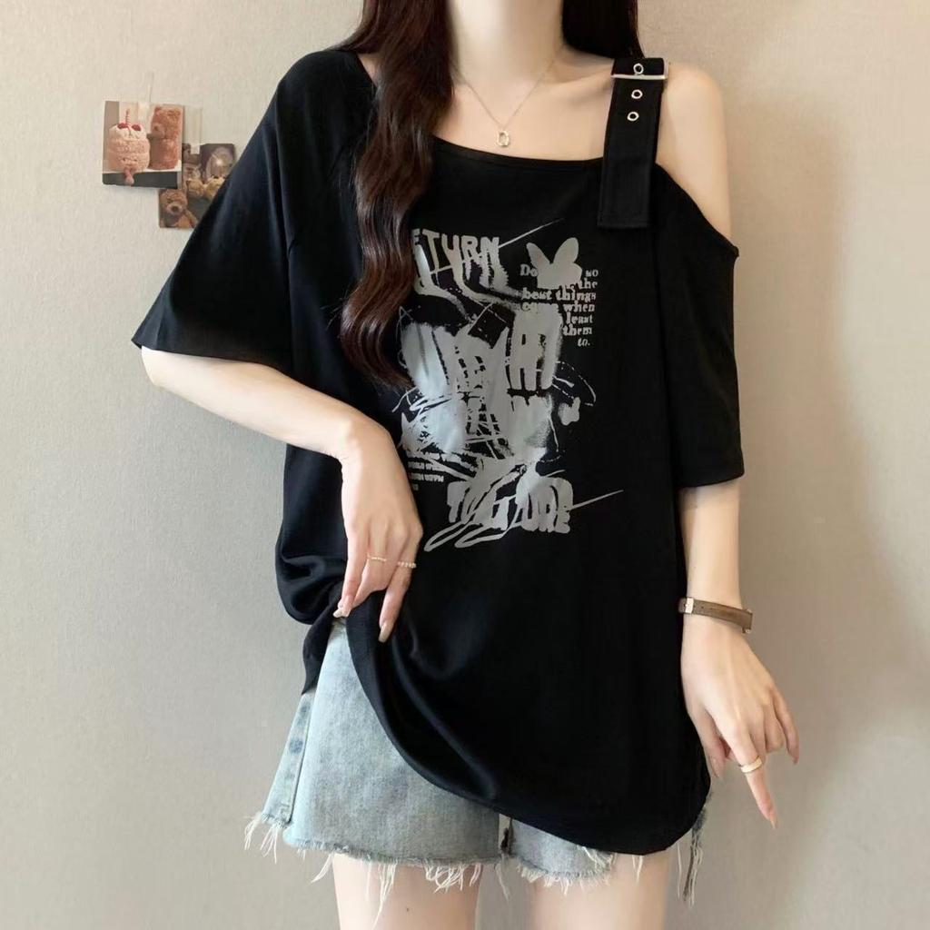 Large size fat mm American retro off-shoulder short-sleeved t-shirt women's design sense summer new loose and thin meat-covering top