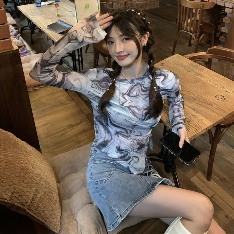 

Women s Blue Marble Print Sheer Mesh Asymmetric Hem Long Sleeve Top S