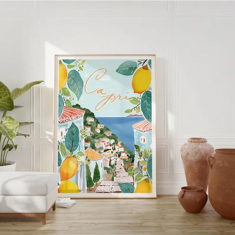 Plakát a tisk La Dolce Vita Retro Spritz Koktejl Plátno Malba Itálie Amalfské pobřeží Cestování Nástěnné umění Ložnice Domácí dekorace