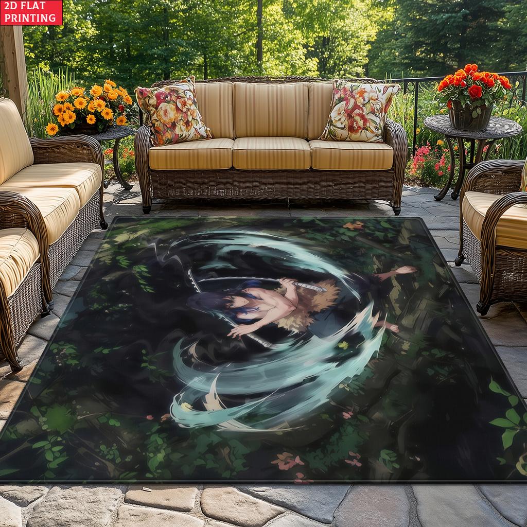 Anime Swordsman Area Rug, Jungle Water Wave Theme Floor Mat, Decorative Carpet for Gaming Room Bedroom, Washable Home Decor Gift